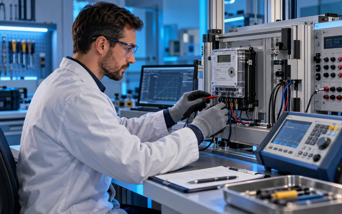 Especialista realizando el diagnóstico de un sistema de medición eléctrica