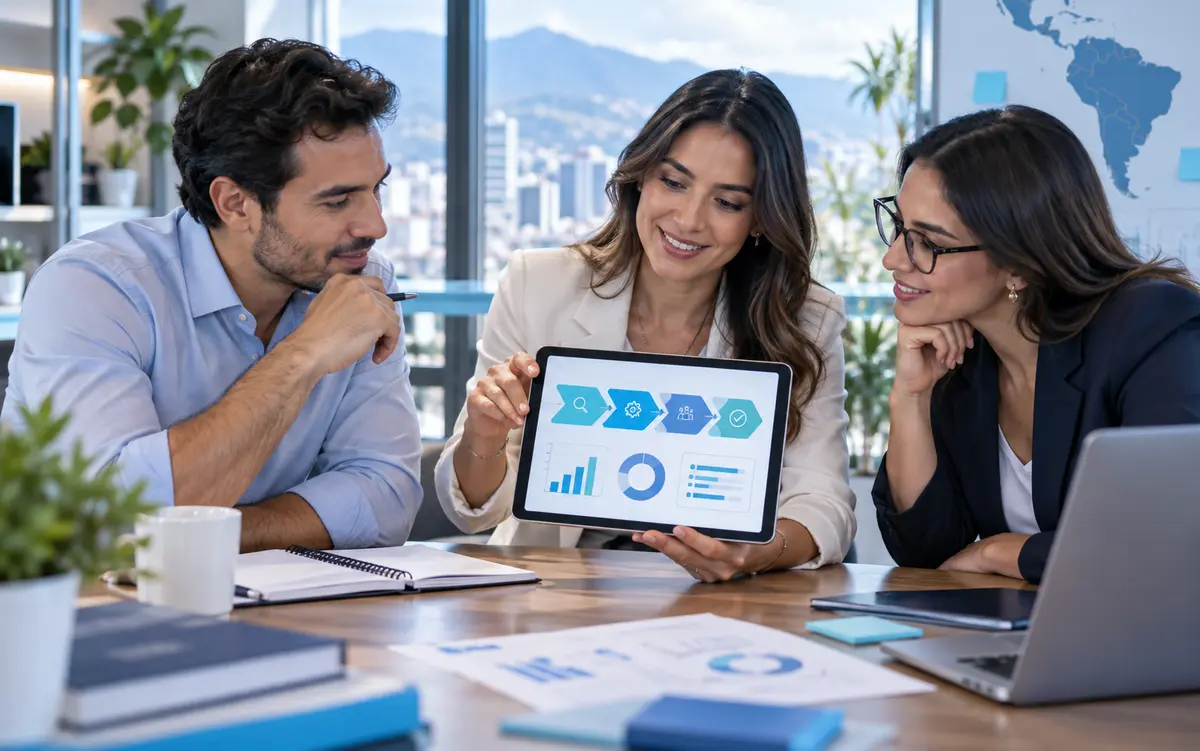 Equipo profesional participando en una sesión colaborativa de sistemas de gestión